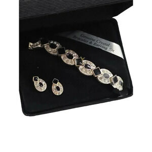 Genuine Crystal Bracelet Earring Set With Black Enamel Clear Rhinestones